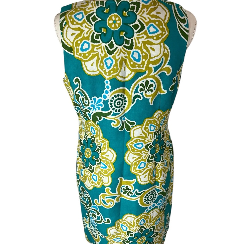 Taylor Women’s Size 10 Linen Silk Blend Zip Front Shift Dress Floral Teal Green - Picture 3 of 10